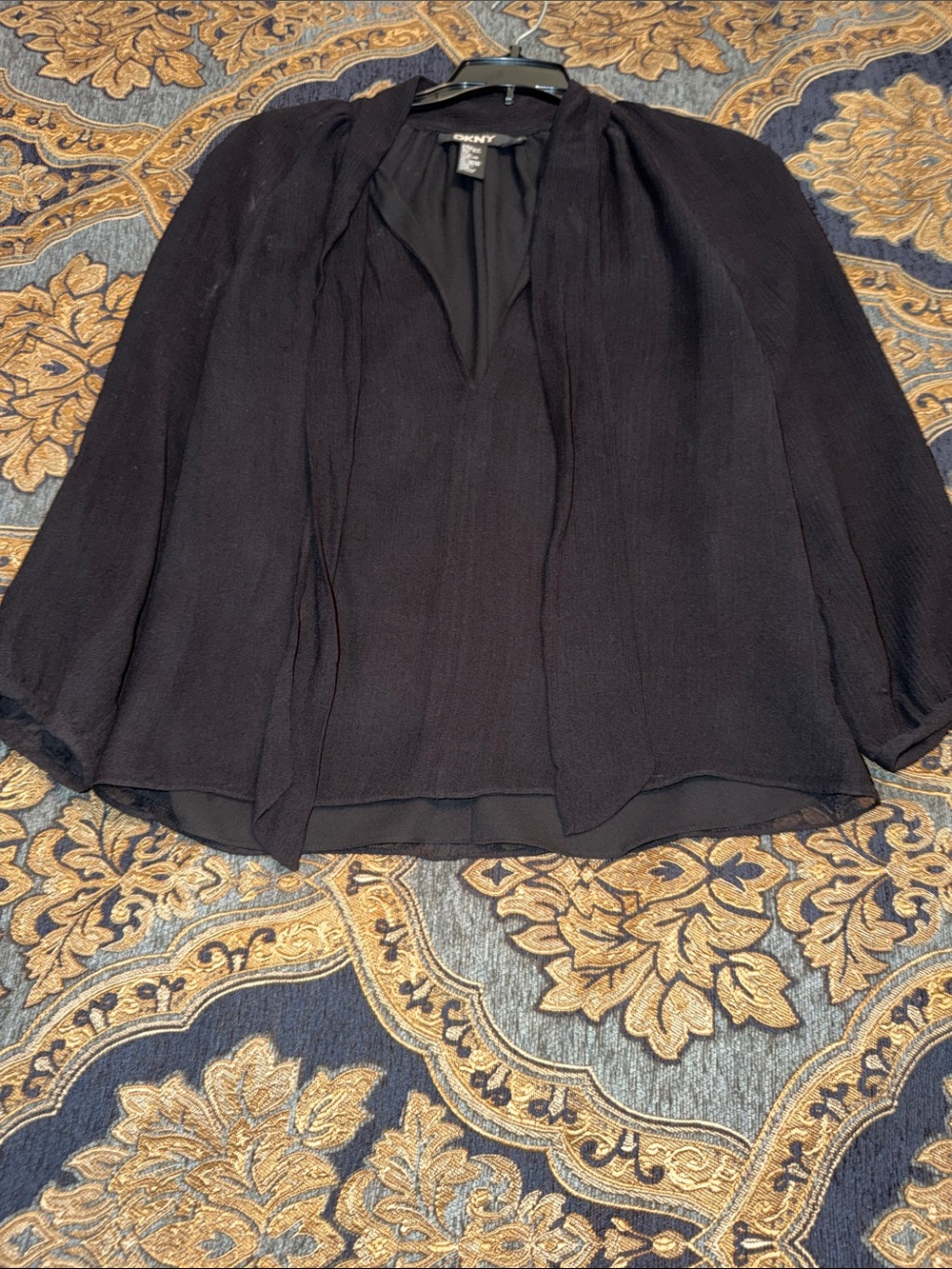 DKNY Black Sheer Tie-Neck Shirt and Skirt